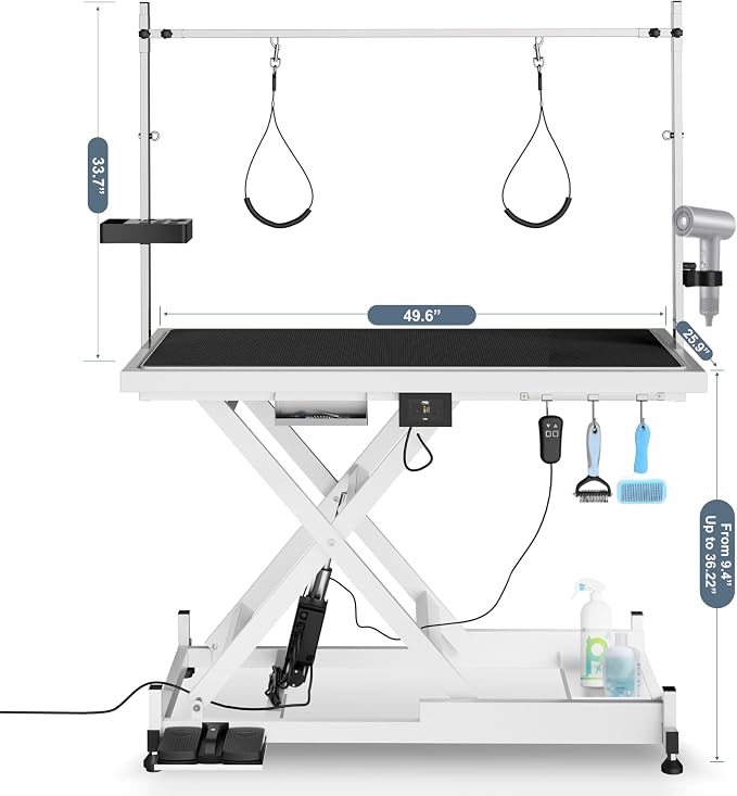 Electric Lift Pet Dog Grooming Table, Upgrade 50 Inch Heavy Duty 9'' -36'' Adjustable Height Professional Pet Grooming Table with Tool Organizer, Adjustable Overhead Arm for Large Dogs at Home, White