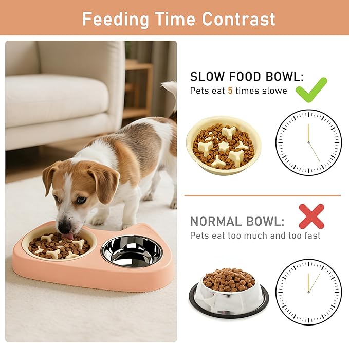 Slow Feeder Dog Bowls 4 in 1, Slow Feeder Bowl, Stainless Steel Water Bowl with Non-Slip Silicone Mat and Standard Bowl Set, Cat and Puppy Bowls Pet Dishes for Small Medium Breed Anti-Choking