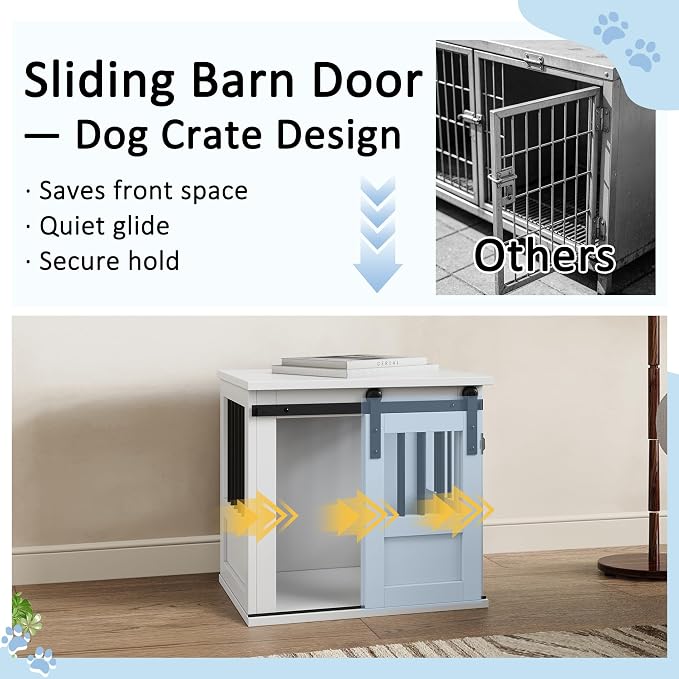 23" Wooden Dog Crate Furniture,Small Kennel Pet Cage End Table for Indoor | for Extra Small Dogs, White, Fits Living Room Bedroom, Heavy Duty Steel Frame,Sliding Barn Door,15 lbs Cap, 100 lbs Top.