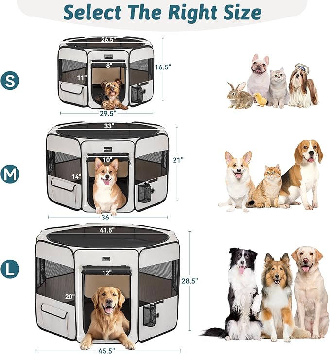 PETSFIT Portable Dog Playpen 45", Removable Waterproof Mat, Zippered Roof | Jump-proof, Collapsible Storage, RV Camping Travel, Indoor Outdoor Use, Large Dogs and Cats, 45.5"L x 45.5"W x 28.5"H