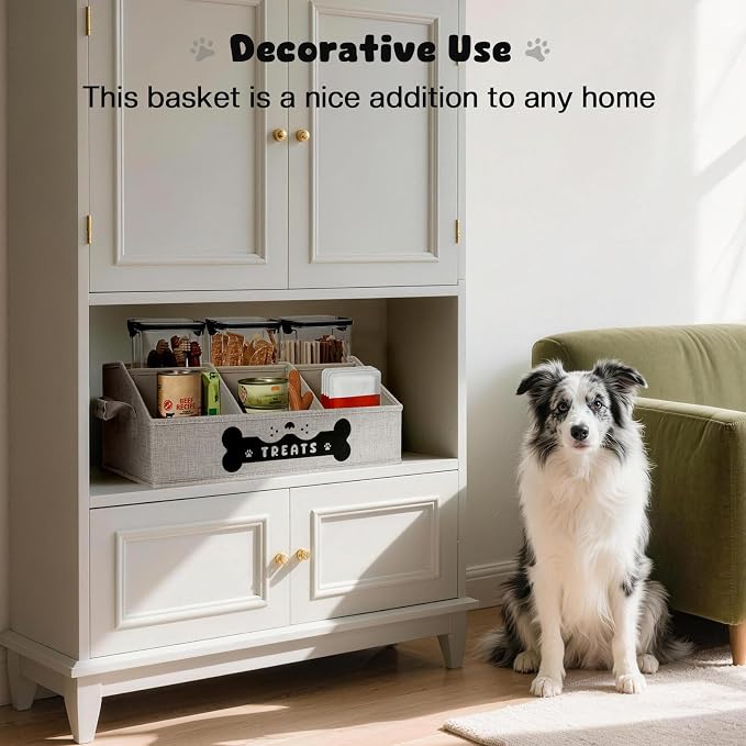 Dog Treat Container, Dogs Storage Organizer with Removable Dividers, Collapsible Dogs Treat Holder for Countertop, Trapezoid Pet Treats Containers, Dog Toy Basket with PU Handles, Medium, Gray