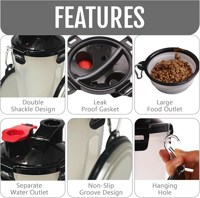 Dog Travel Water Bottle W/Collapsible Bowls - Portable 2 in 1 Leakproof Pet Water Bottle Food Container Ideal for Travel, Outdoor Portable Water Bowls for Walking, Camping & Hiking - (White)
