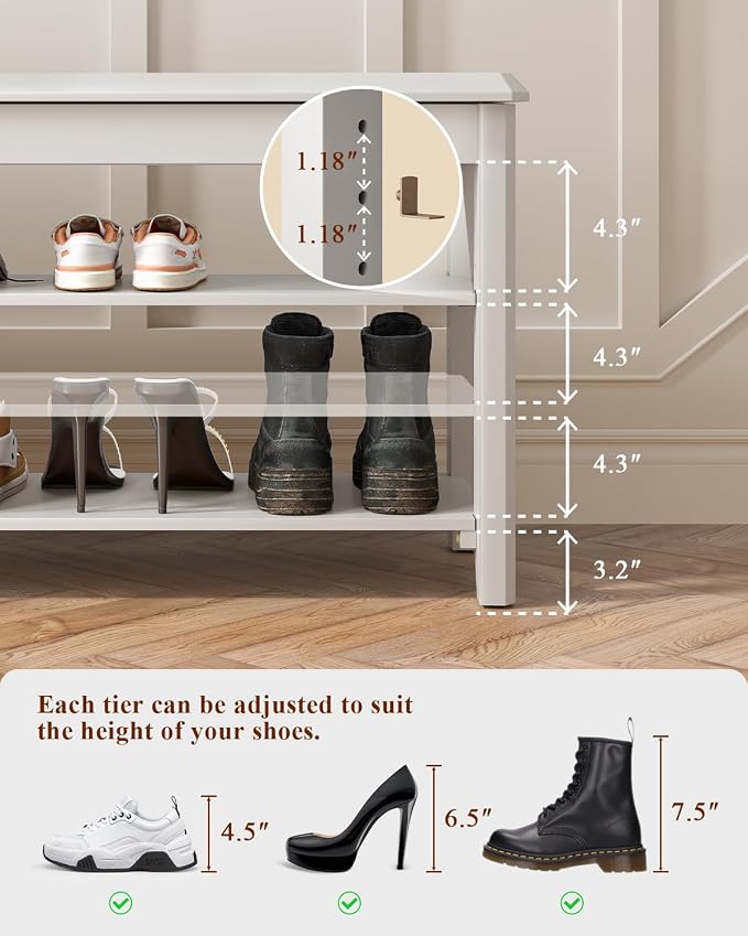 IUNVR Shoe Rack Bench Seat Rubberwood 3-Tier Wooden Storage Bench 550lbs Compact Mid-Century Modern Design for Entryway, Hallway, Closet, Front Door Entrance, Foyer