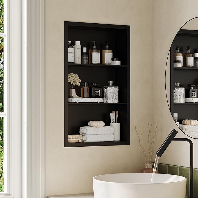Qeke 14x 24 Medicine Cabinet Recessed with 3-Tiers Shelves, Matte Black | 304 Stainless Steel Medicine Cabinet without Mirror, No Tile Needed Wall Niche for Bathroom Storage, Space Saving & Durable
