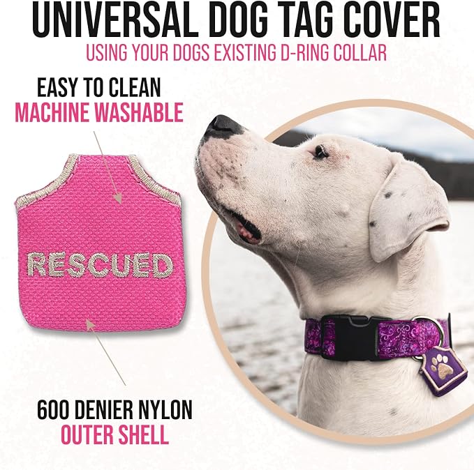 Woofhoof Dog Tag Silencer, Pink Rescued - Quiet Noisy Pet Tags - Fits Up to Four Pet IDs - Dog Tag Cover Protects Metal Pets IDs, Made of Durable Nylon, Universal Fit, Machine Washable