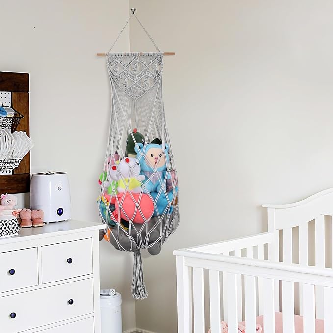 63 Inch Stuffed Animal Storage Corner,Macrame Toy Plushie Net,Gray | Wall Ceiling Over Door Hanging Hammock for Stuffed Animals,Toy Storage Display w/ Star Lights,Nursery Playroom Kid Room Decor