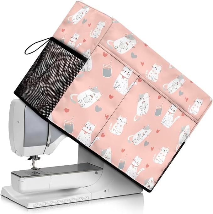 Cute Cat PrintSewing Machine Cover with Storage Pockets,Dust & Pet Hair Protection,Fits Standard Singer, Brother and Janome Machines, Protecting & Decorating Your Sewing Space (Pink)