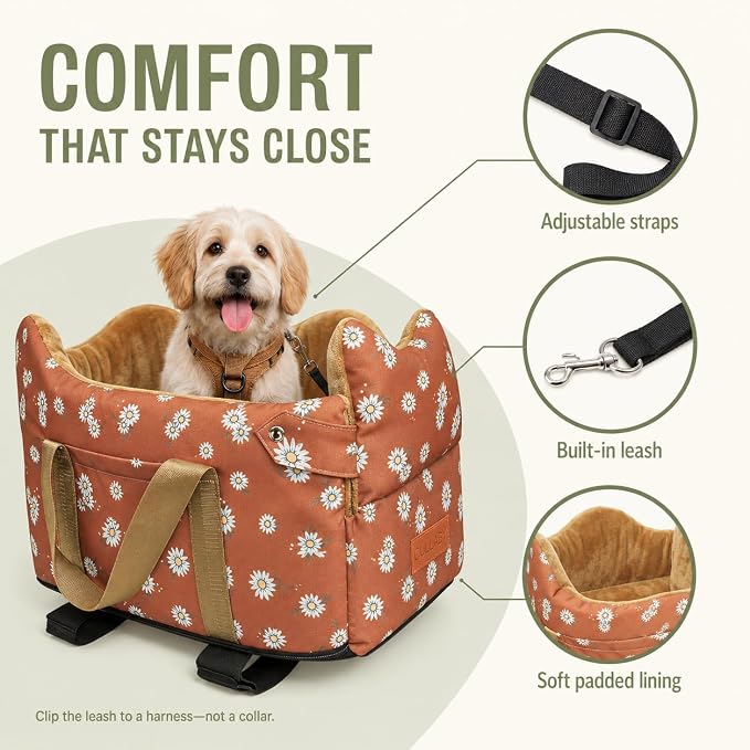 Dog Car Seat for Small Dogs 5-15 lbs,Cofe Color | Pet Travel Booster Seat with Safety Leash, Detachable Seat Belt,Storage Pockets