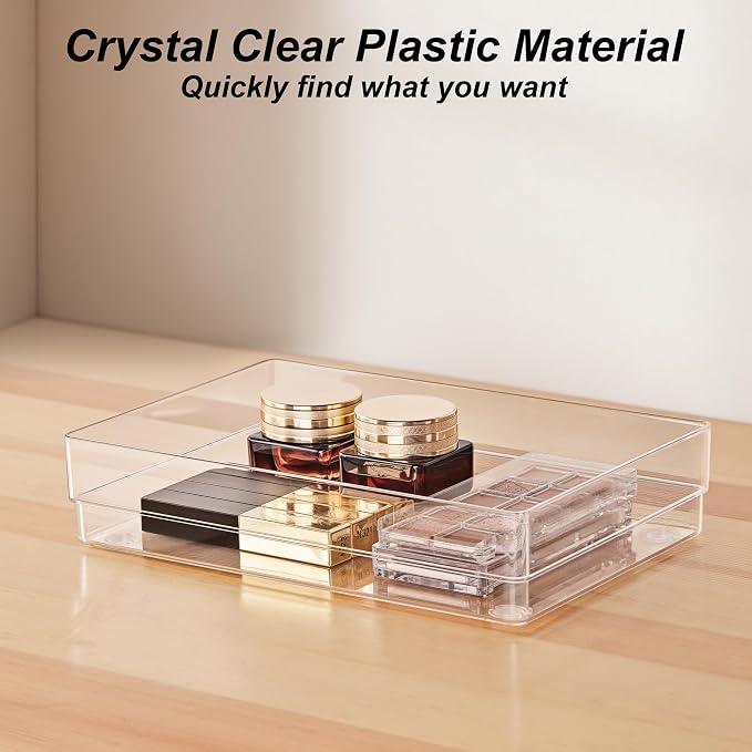 SMARTAKE 7 PCS Drawer Organizer, 4-Size Desk Drawer Organizer Trays | Storage Tray with Non-Slip Silicone Pads for Makeup, Jewelries, Utensils in Bedroom Dresser, Office and Kitchen (Clear)
