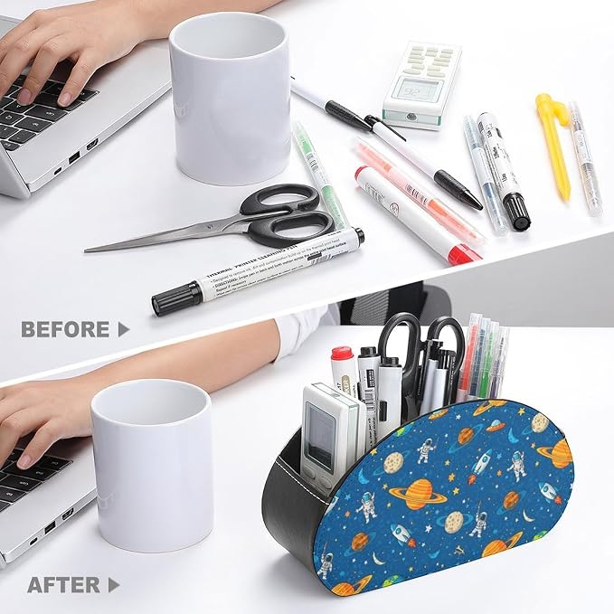 Pu Leather Remote Control Holder Space Astronaut Planets 5 Slot Caddy Box | Space Cute Astronaut Planets Blue Office Desktop Storage Organizer for Controller, Media Player, Stationery Supplies