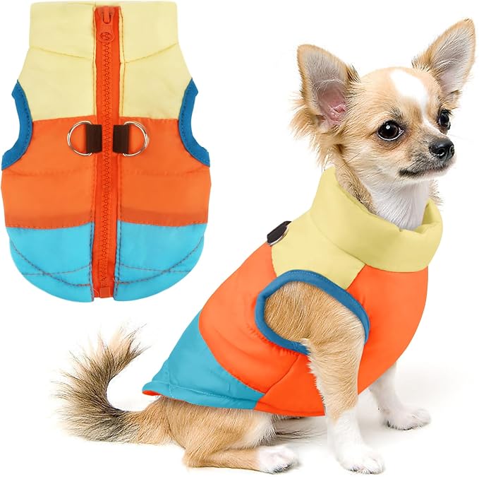 Idepet Pet Dog Cat Coat with Leash Anchor Color Patchwork Padded Puppy Vest Jacket Teddy Chihuahua Costumes Pug Cloth XS S M L (X-Large, Sky Blue)