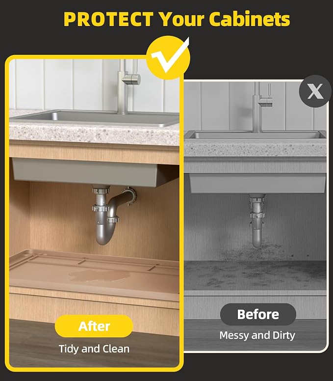 Under Sink Mats for Kitchen Waterproof 34"x22",Khaki | Cut to Fit Design for Various Sizes, Leak-Proof Cabinet Protection,Durable Silicone Material,Versatile Home Use