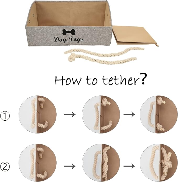 Large Dog Toys Storage Bins - Foldable linen Trapezoid Organizer Boxes with weave Rope Handle, Collapsible Basket for Shelves (Light Brown-DOG)