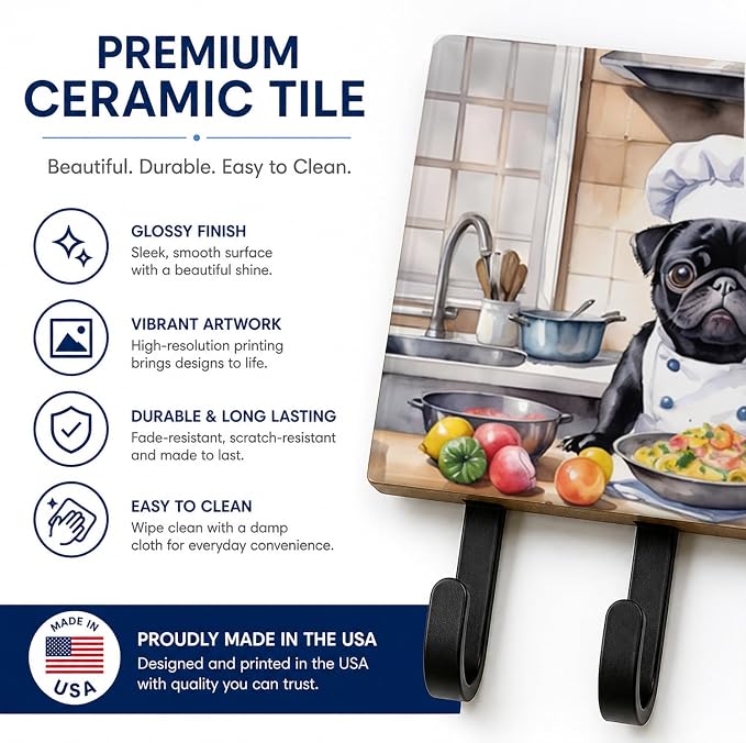 Caroline's Treasures Pug The Chef Leash or Key Holder Wall Hooks, Key Hooks Holder, Coat Rack Wall Mount, Coat Hooks, Hooks for Hanging Keys, Towels, Aprons, Leashes | Pug The Chef artwork on ceramic tile with three steel hooks for keys, leashes, towels
