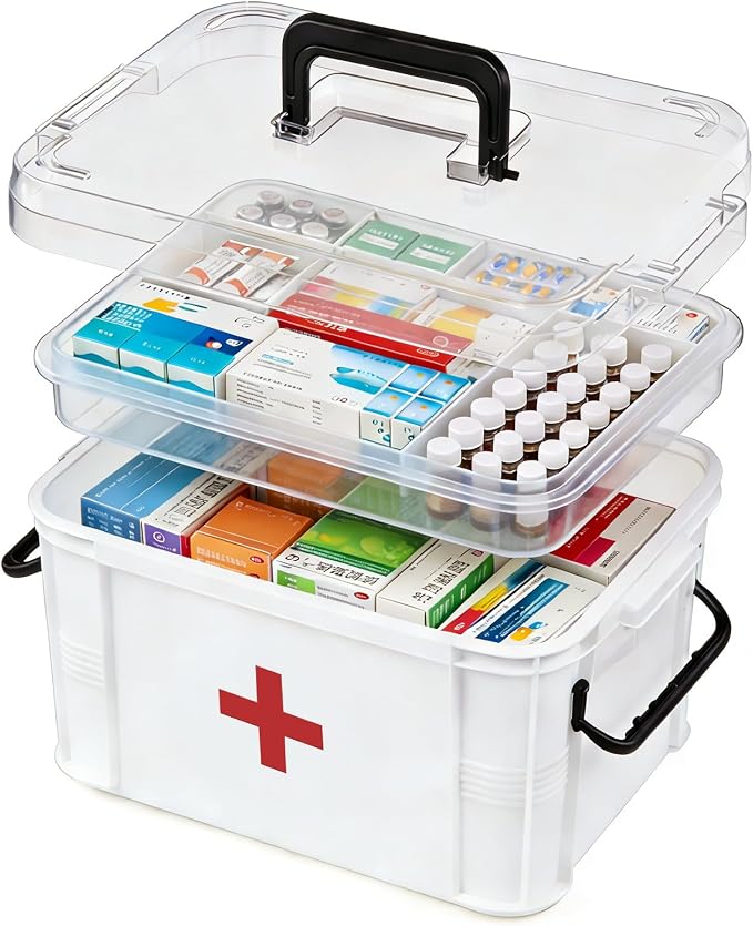 15QT Clear Medicine Organizer Box with Handle, Plastic Medicine Container with Tray First Aid Box Empty, Thickened Medicine Storage Organizer Multipurpose Medication Organizer Storage, White
