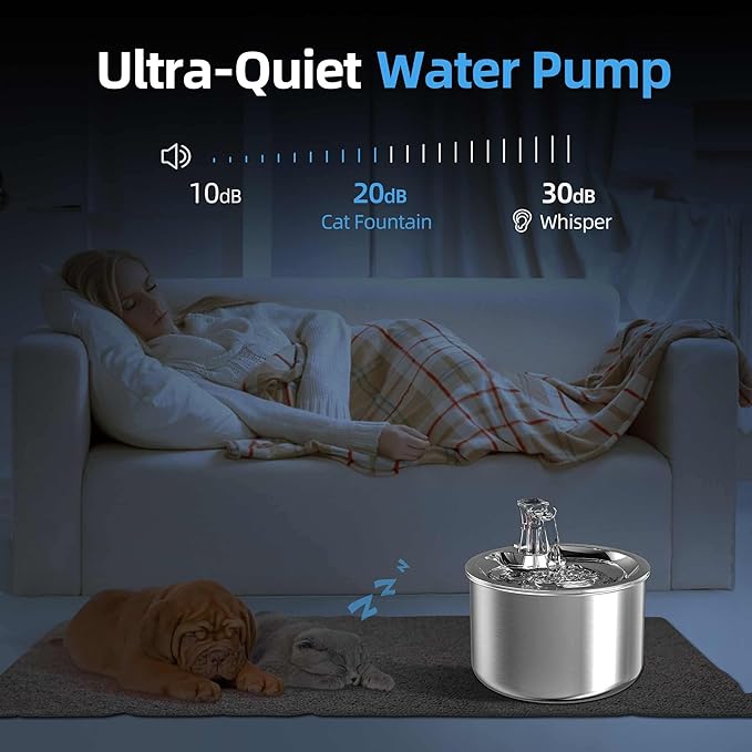 Homtyler Cat Water Fountain, Stainless Steel Inside Ultra-Quiet Pump, 2L/67oz Automatic Dog Dispenser Water Bowl, Multiple Pets Water Fountain