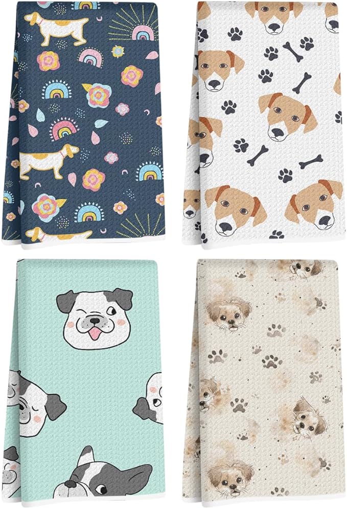 Hanamiya Na 4Pcs Cute Dog Kitchen Towels, Whimsical Decorative Absorbent Microfiber Dish Cloth Tea Towel, Waffle Hand Towels for Farmhouse Home Bathroom, Dog Gifts