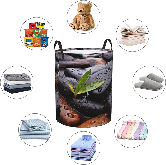 Rain Drops Over Rock print Laundry Hamper with Handle Waterproof Collapsible Organizer Baskets Circular Dirty Clothes Organizer Basket Portable Storage Bin for Bathroom Bedroom Dorm