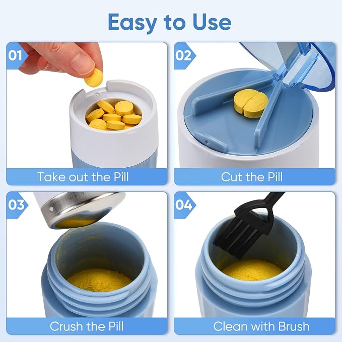 3-in-1 Pill Crusher and Cutter (Blue) | Pills Crusher Fine Powder with Stainless Steel Grinding Head, Storage for Tablets, Cutter Splitter for Small and Tiny Pills