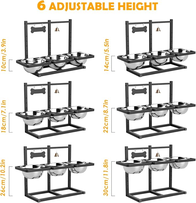 Extra Large Elevated Dog Bowl Stand for Multiple Dogs – 6 Height Adjustable Raised Stand with 3×101oz Stainless Steel Bowls & Non-Slip Mat for XLarge Breeds