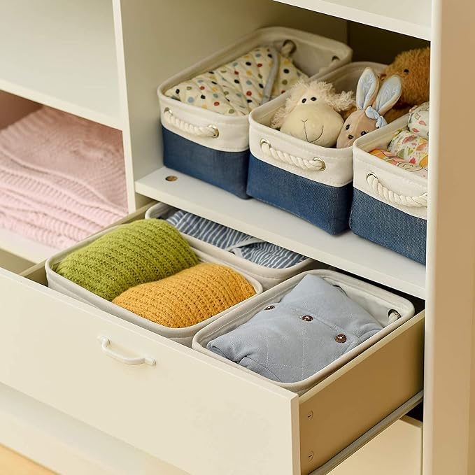 Storage Basket for Organizing - Small 12x8x5.2 inch 6 Pack Collapsible Storage Bin for Shelves, Canves Storage Cubes for Organizer Cloth Box Gift Toys Closet (White & Jean Blue)