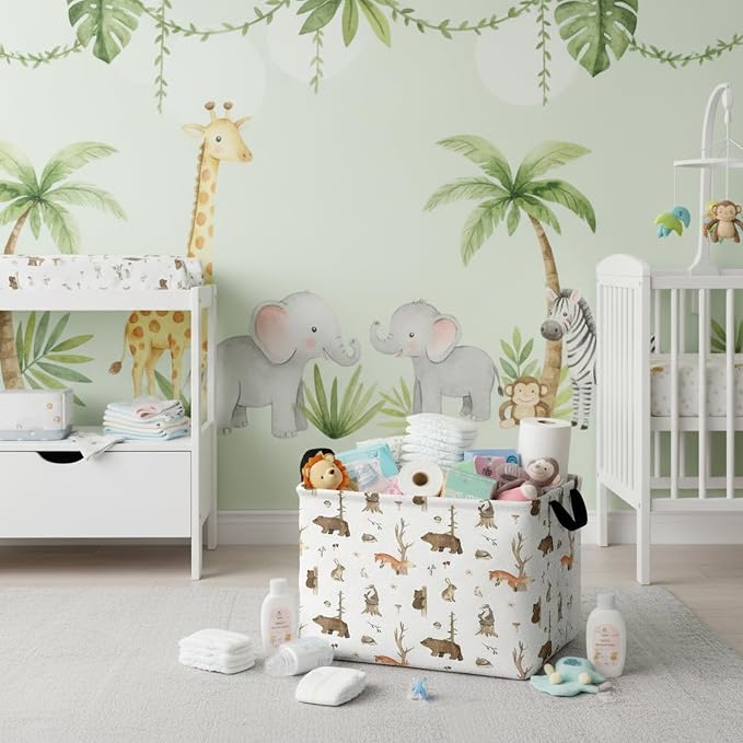 Kid Storage Basket Bear Deer Jungle Decor | Cute Nursery, Baby Toy Clothes Storage Bin, Playroom Bedroom Decor