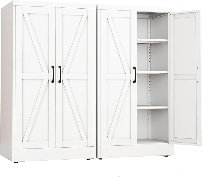 White Metal Storage Cabinet, 43" Kitchen Pantry Cabinets for Office | Steel Kitchen Pantry Storage with Doors and 3 Adjustable Shelves, Metal Tool Cabinet, for Office, Home, Garage, School