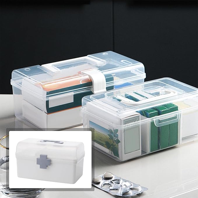 Portable First Aid Carrying Case Organizer Bin Medicine Storage Box with Organizing Holder with Handle Stationery, Clear, 21.2x12x12.5CM