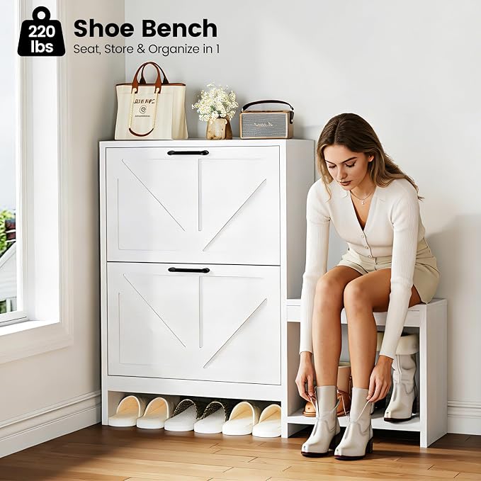 Homeiju Shoe Storage Cabinet Organizer with 2 Flip Drawers, Freestanding Narrow Shoe Rack for Entryway, Shoe Bench, Wall Ledge Shelf, Coat Hooks & Anti-Tip Safety for Kids & Pets – White