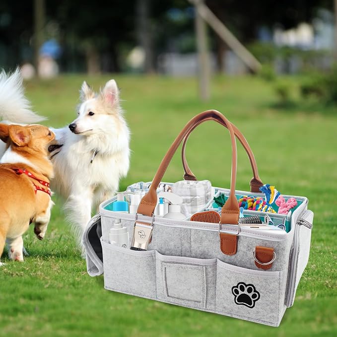 Felt Dog Grooming Bag,Portable Tote Bag for Dogs Cats,Dog Storage Organizer for Grooming Tool Kit,3 Compartments Pet Stuff Oganizers with 8 Pockets-Grey