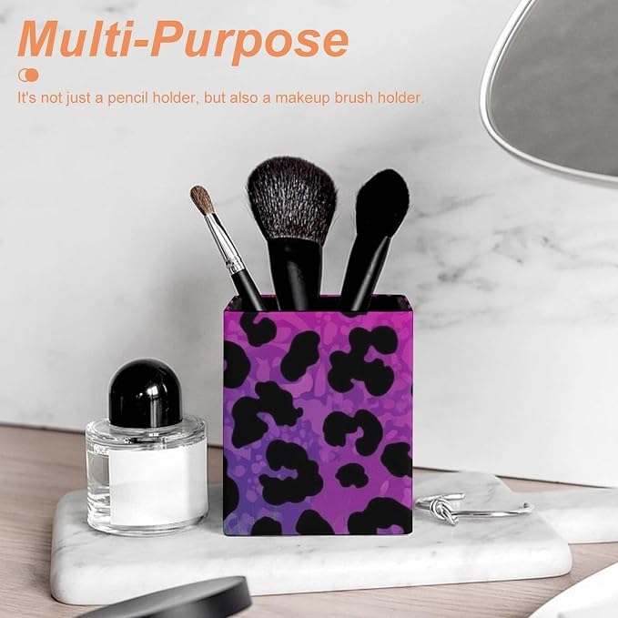 PU Leather Pen Pencil Holder Hot Pink Purple Cheetah Leopard Print Pencil Organizer Desktop Accessories Square Stationery Container Box for Office Work