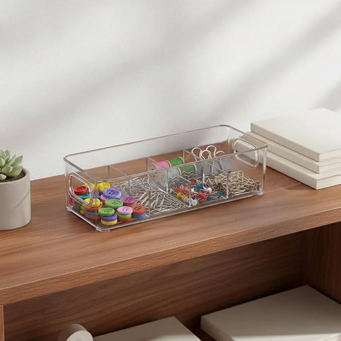 Fits Standard Drawers and Desks: Clear PET Storage Box with Dividers for Small Parts, 9.9 x 3.8 x 2.9 Inches