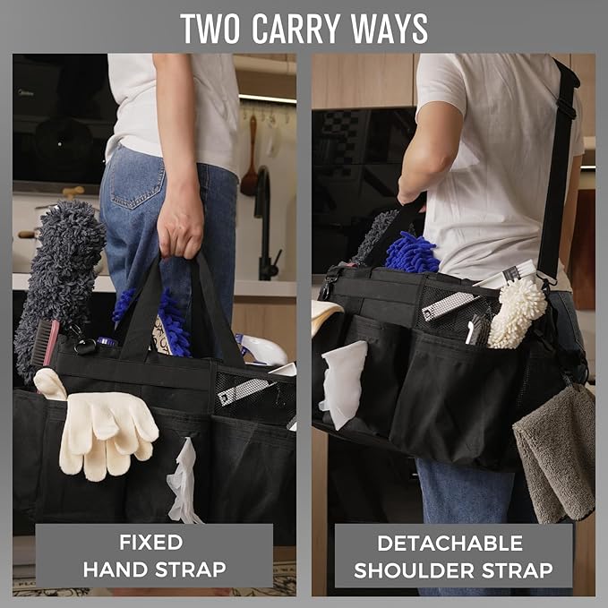 SCAVATA Wearable Cleaning Caddy Organizer with Handle & Shoulder Straps for Housekeepers, Under Sink & Car Cleaning Tool Organizer Bag with 4 Foldable Dividers (Black)
