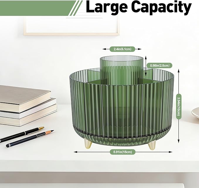 360 Rotating Pen Pencil Holder for Desk, Pen Organizer with 5 Slots | Makeup Brush Holder, Desk Organizer and Accessories, Cute Pencil Cup Caddy for Office School Home Decor Art Supply (Green)