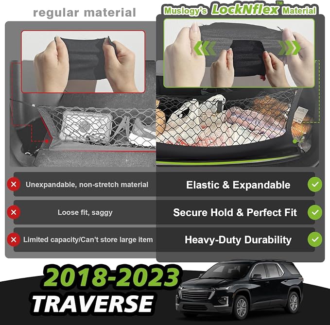 Muslogy Cargo Net for 2018-2023 Chevy Traverse Accessories | Custom Fit, Trunk Storage Organizer Net for SUV Sedan Van Divider, with Heavy Duty Carabiners, Night Visible Grab Handle