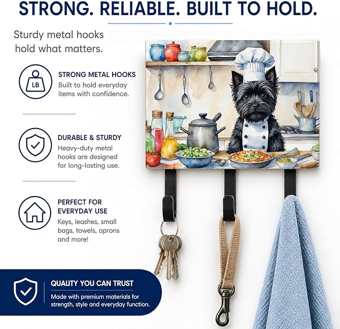 Caroline's Treasures Cairn Terrier The Chef Leash or Key Holder Wall Hooks, Key Hooks Holder, Coat Rack Wall Mount, Coat Hooks, Hooks for Hanging Keys, Towels, Aprons, Leashes | Cairn Terrier The Chef artwork on ceramic tile with three steel hooks for ...