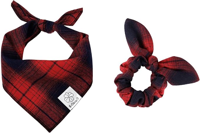 E-Clover Christmas Red Dog Bandanas Matching Dog Bandana and Scrunchie | Red Plaid Dog Bandana Matching Dog and Owner Clothes Dog Mom Gifts Dog Bandanas Girl