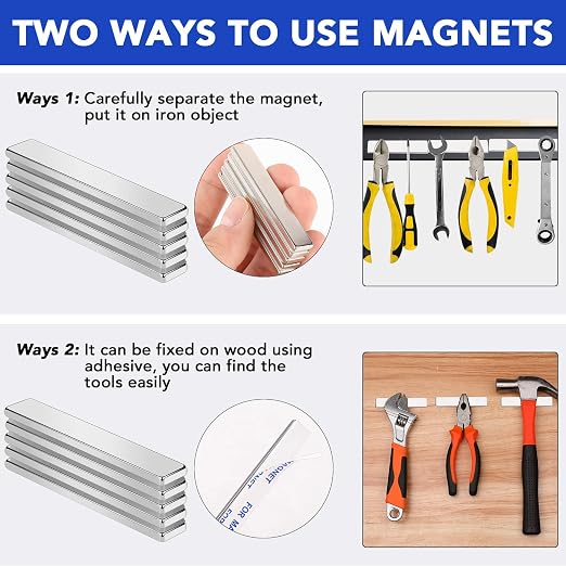 10Pcs Neodymium Magnets with Adhesive Backing 60x10x3mm Silver | Fridge Magnetic Strips Refrigerator Blocks Crafts Extra Super Sticky Bar for Science Experiments Classroom Craft Office