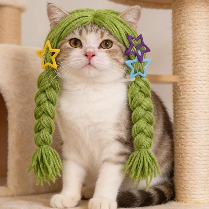 FRCOLOR Halloween Cat Wig Braided Yarn with Bows Nonirritating Reusable Washable Secure Clip-on Pet Headpiece for Birthday Pet Outfit and Holiday Costume