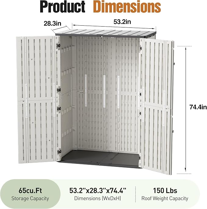 65 Cu.Ft Resin Outdoor Storage Shed with Floor, Weatherproof Plastic Vertical Outdoor Storage Cabinet for Garden Backyard Patio Pool Tool