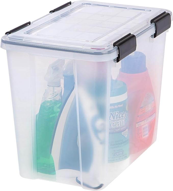IRIS USA 4-Pack 32 Qt Storage Bins with Gasket Lids, Clear/Black | WeatherPro seal protects everyday essentials in closets, offices and laundry rooms
