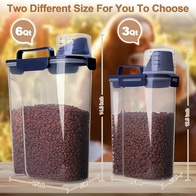 TIOVERY Dog Food Storage Container, 5-7 Lbs Airtight Pet Food Container, Cat food Container Dispenser with Portable Handle, Pouring Spout and a Collapsible bowl for Dogs Cats Navy Blue/6Qt