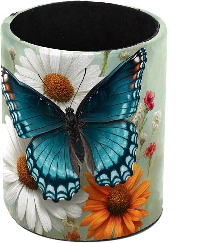 Blue Butterfly Pen Holder, Pencil Cup Marker Brush Holder Desk Storage Case, Desktop Organizer for School Office Home Supplies
