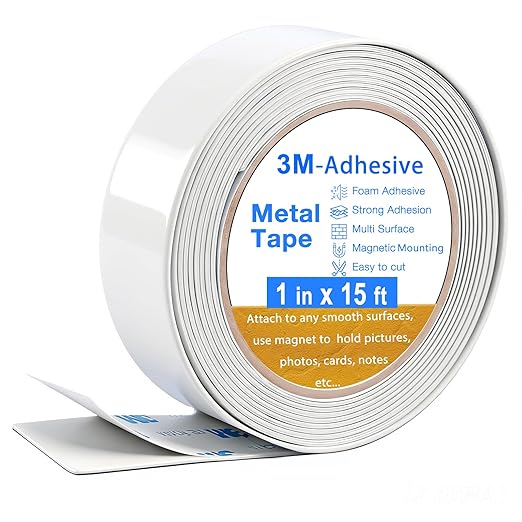 Bendable Adhesive Metal Strip for Magnets, (1 inch Wide X 15 ft Long) Flexible White Metal Tape Roll, White Ferrous Tape Stick on Wall to Hold Magnetic Products