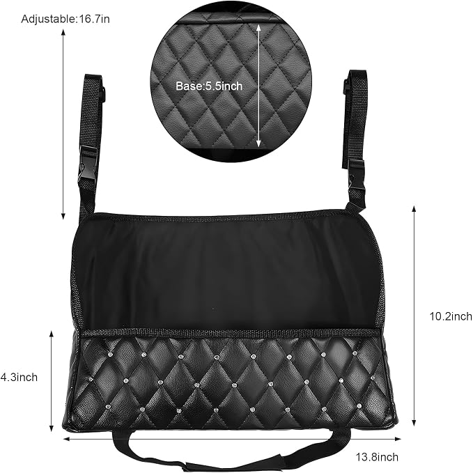 Car Net Pocket Handbag Holder, Large Capacity PU Leather Auto Purse Holder Storage Bag for Front Seats, Driver Storage Netting Pouch Barrier of Backseat Pet, Car Accessories (with Diamond)