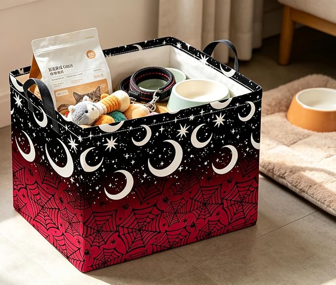 Rectangle Storage Basket with Handles,Collapsible Storage Bin,Books Box,Gift Basket(Dark Night Spiderweb)