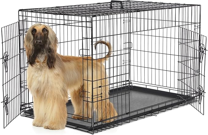 Extra Large Dog Crate 48 Inch, Metal Wire Foldable Dog Cage Kennel | Double Door, Secure Lock, Plastic Leak-Proof Pan Tray, Indoor Outdoor Training Pet