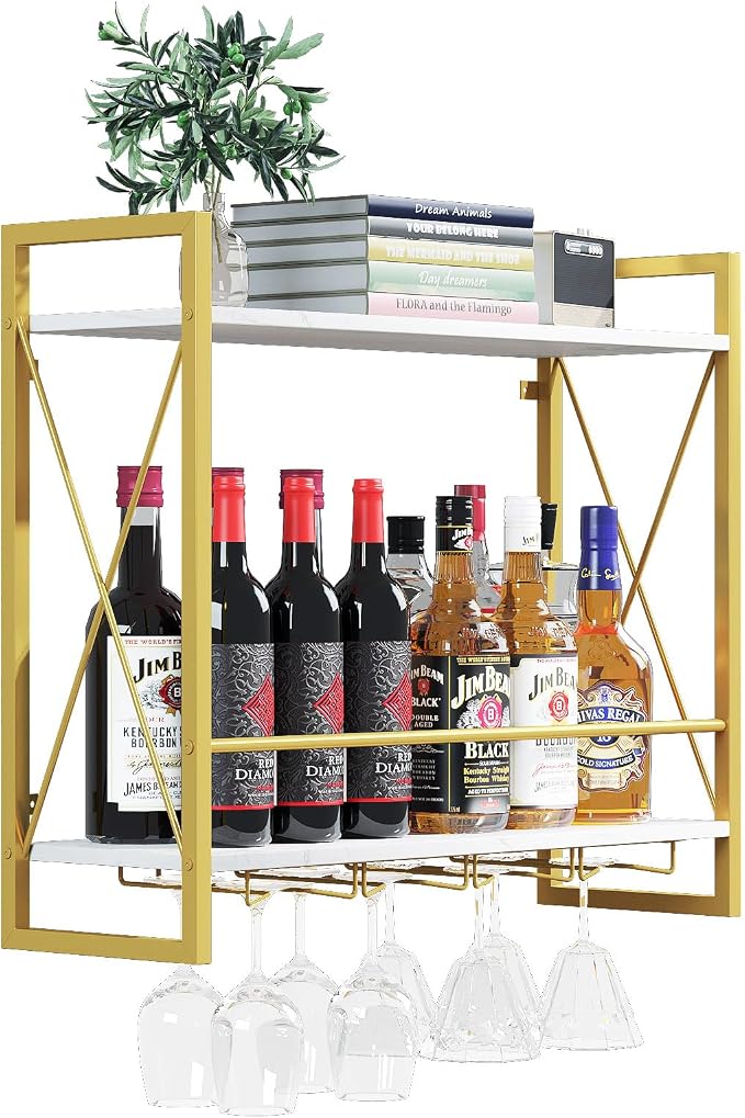Dokser Wine Rack Wall Mounted 2 Tier Shelf Wine Bottle Holder for Kitchen | Gold 2 Tier Wall Wine Rack with Rustic Wood & Industrial Iron Frame, Wine Bottle Holder for Dining Room, Home Bar Decor