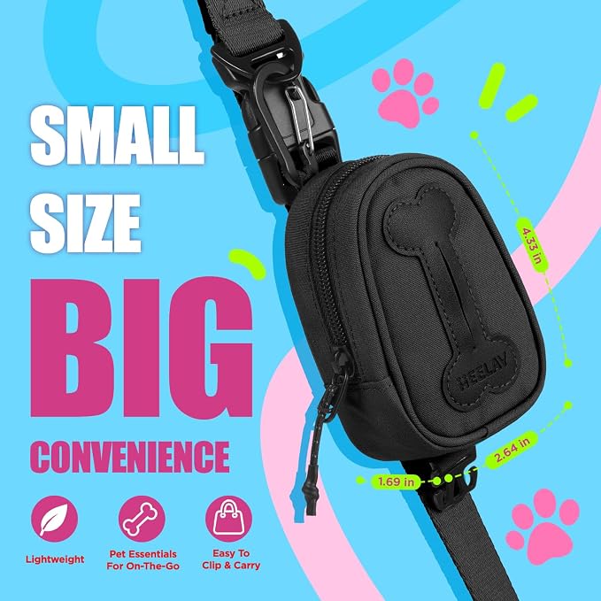 Dog Poop Bag Holder, Hands Free Cute Dog Poop Bag Dispenser for Leash with Big Opening Pet Waste Bag Holder Zippered Pouch with Carabiner Hook Waterproof Pet Poop Bag Holder Black