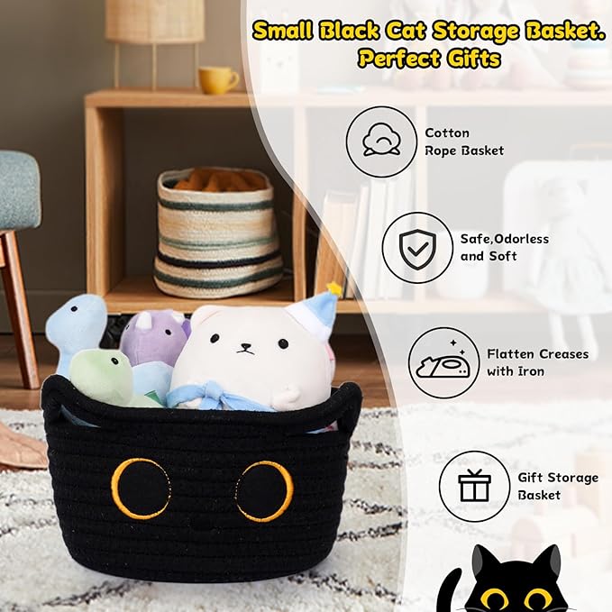 Small Storage Basket, Black Cat Cotton Rope Cute Basket Toy Bin | Woven Blasket for Nursery, Blanket Basket Baby Toy Storage Organizer With Ears for Gifts Cat Dog Bin Toys 8.5×4.5 inches